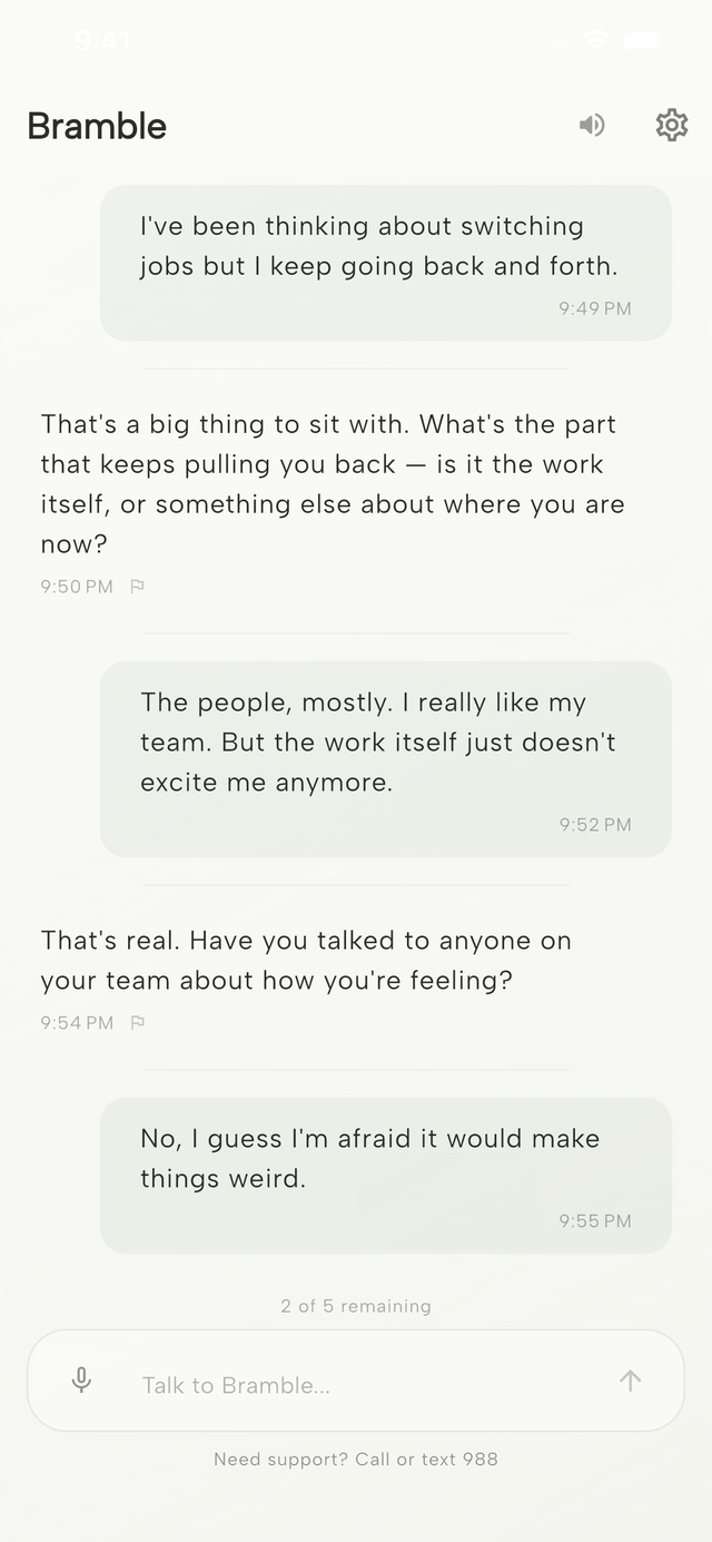 A conversation in Bramble: the person says they keep going back and forth about switching jobs, and Bramble asks what keeps pulling them back — the work itself, or something else about where they are now.