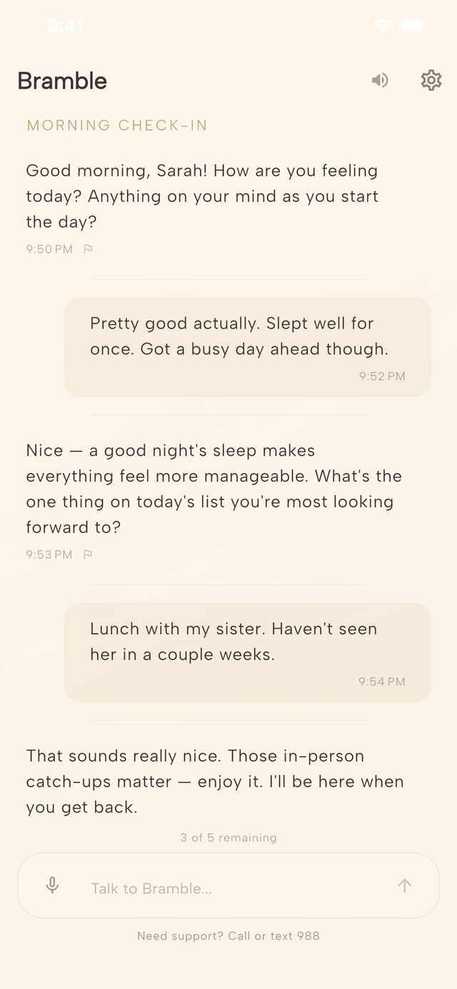 Bramble's morning check-in: it asks how you are feeling and what is on your mind, then follows up on the one thing you said you were looking forward to.